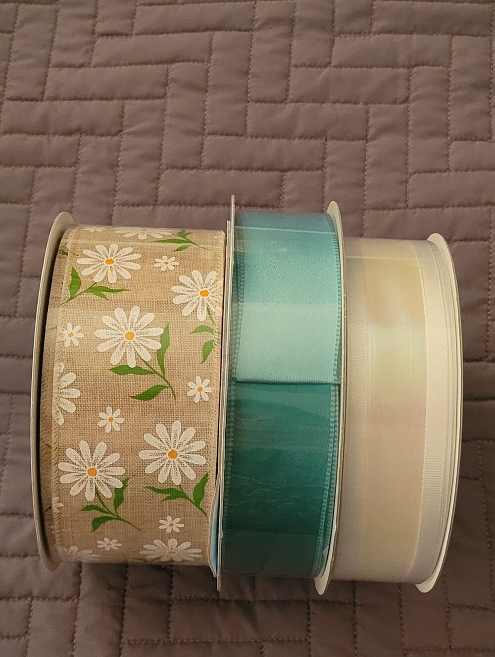 Kirklands Floral Daisy Beige Ribbon Set with Teal and Ivory Accents
